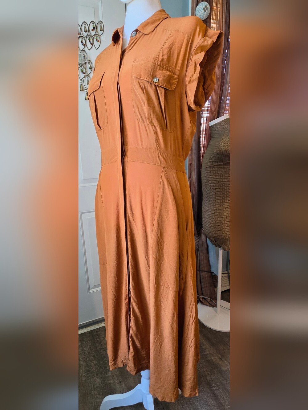 Broadway & Broome 100% Silk Safairi Shirt Midi Dress Women's 4 Terracotta Pocket - Picture 2 of 13